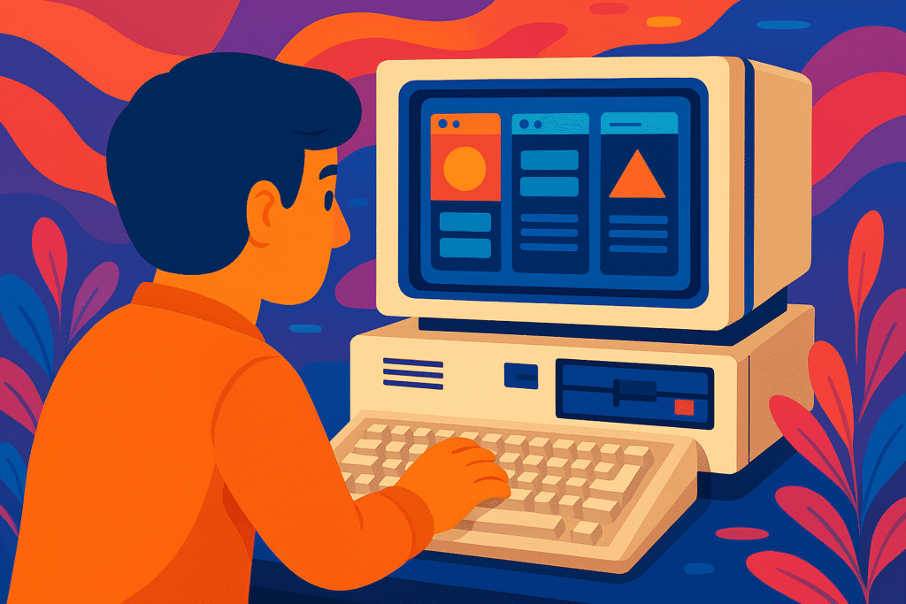 Person typing on a 1980s computer with a graphical user interface.
