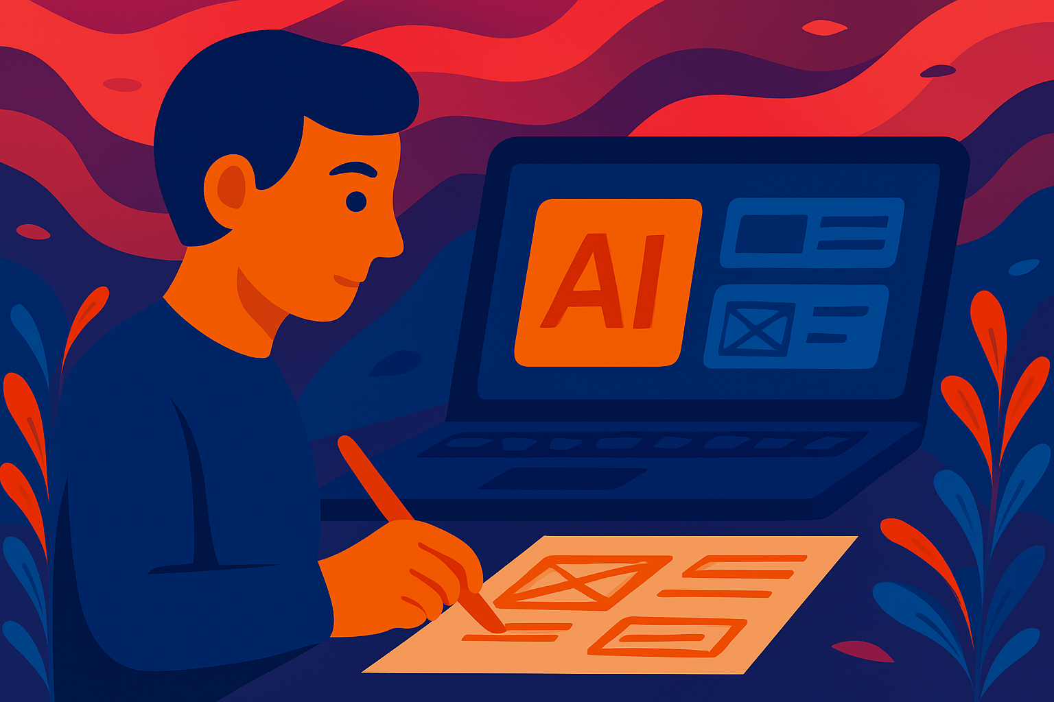 UX designer sketching UI elements on paper with AI displayed on a laptop.