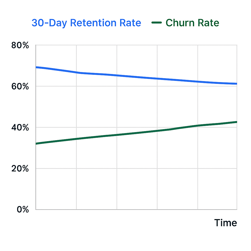 A line chart comparing 30-day retention rate vs. churn rate over time